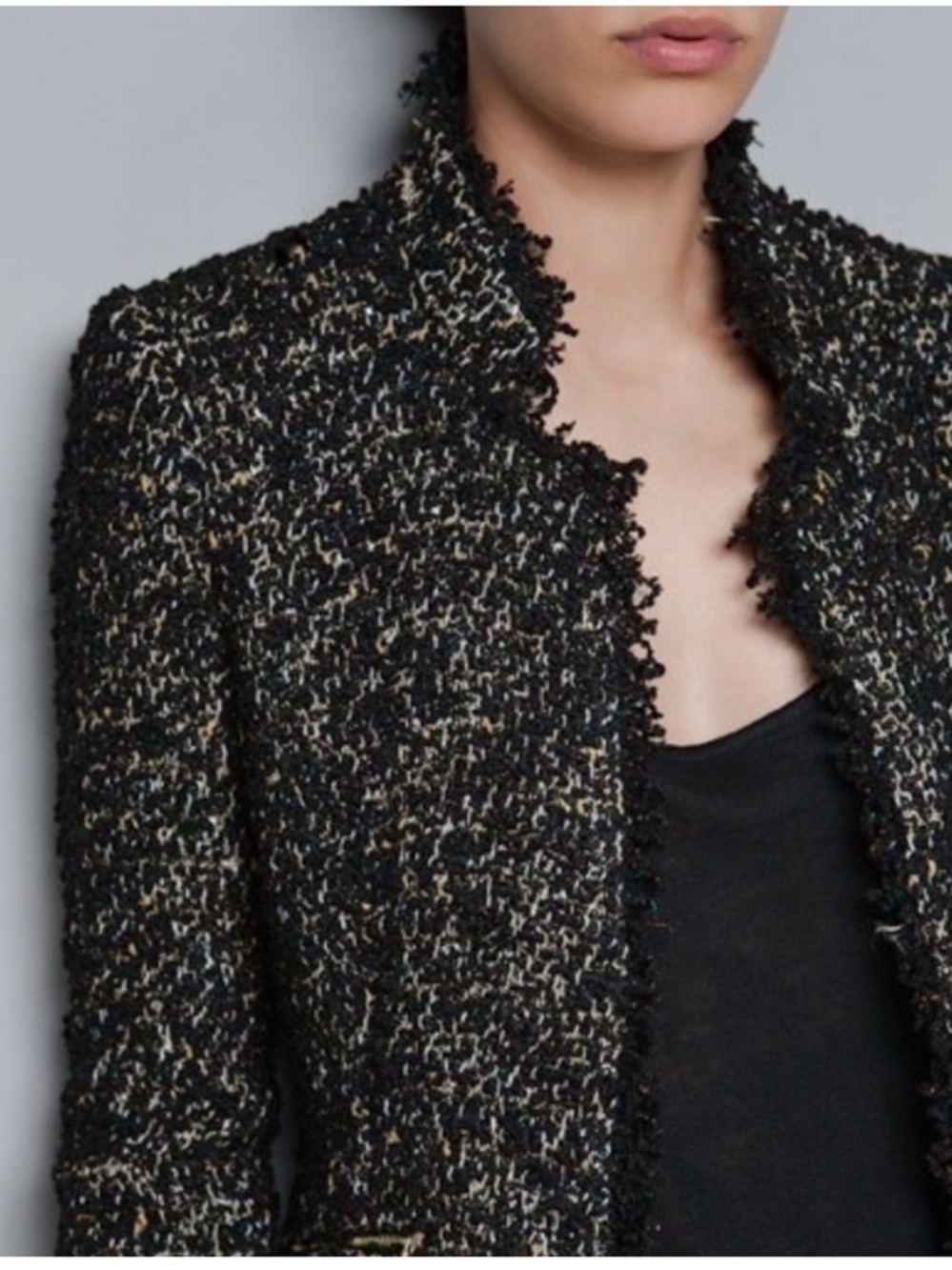 Zara Classic . Black Boucle Tweed Fringe Open Blazer with Metallic Thread